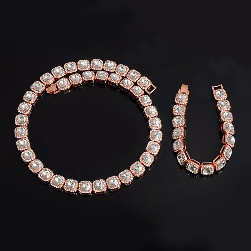 Hip Hop Big Boy 12mm Pave Prong Set AAA Center Stone Flooded Ice Chain Necklace Bracelet Set