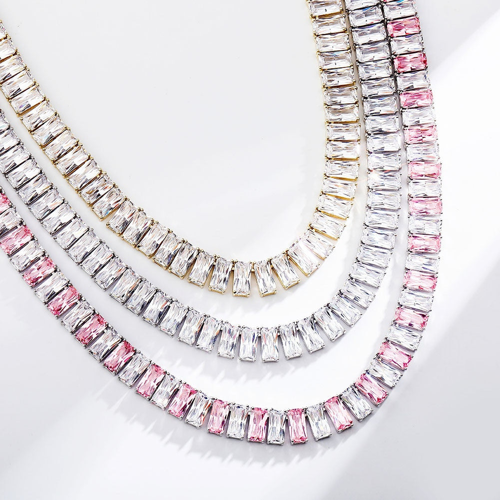 Pink Ice 10mm 14k Gold 925 Silver Baguette Chain Necklace
