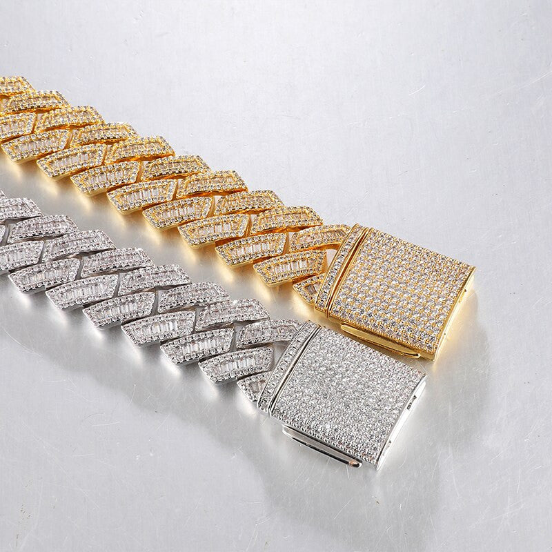 14k White Yellow Gold Hip Hop 21MM 3 Row Baguette Cuban Link Bling Chain Necklace