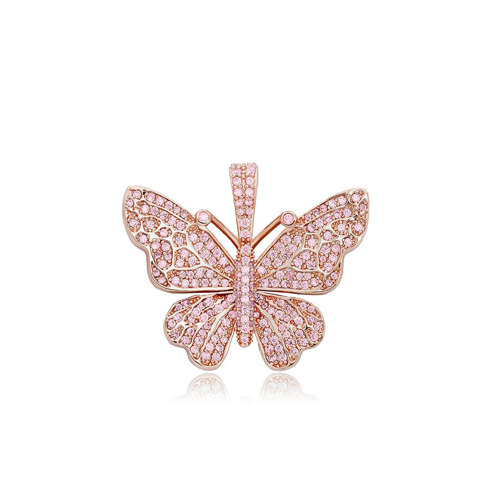 Ladies Bling Bling AAA Micro Pave 14k 925 Rose Gold Hip Hop Butterfly Pendant Necklace