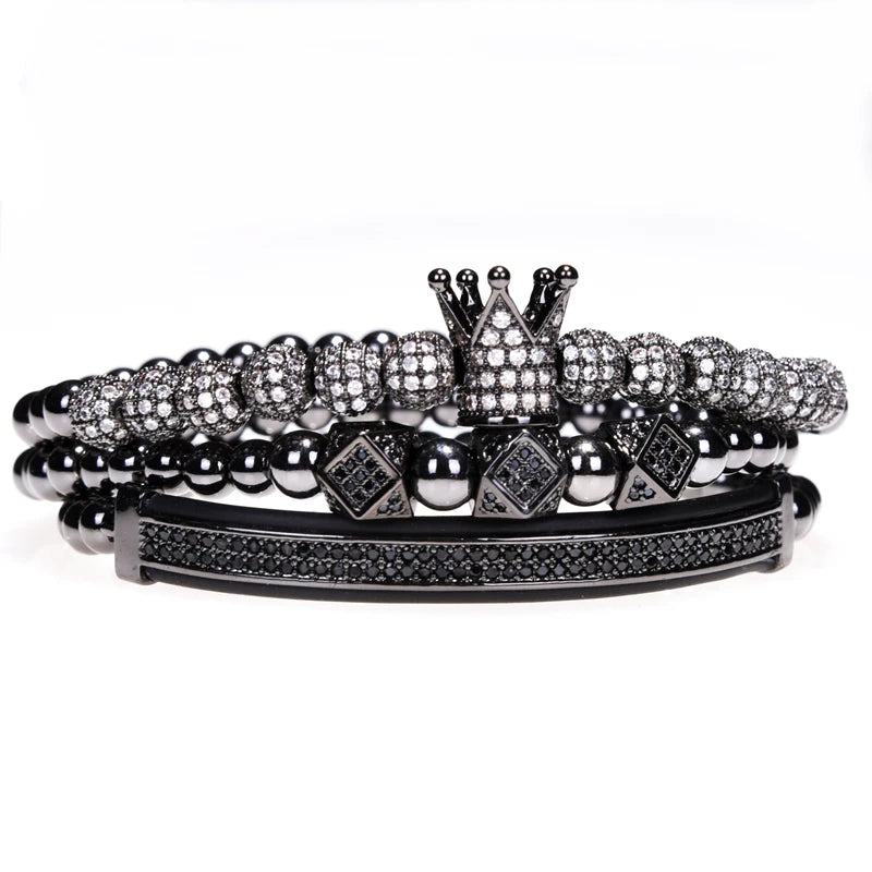 Mens High Fashion 18k Gold Over No Fade Stainless Steel Kings Crown Adjustable 3 Piece Bracelet Set