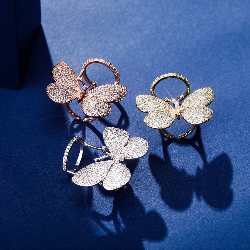 18k 925 Silver Rose Gold Ladies AAA True Micro Pave 3D Butterfly Hip Fashion Ring