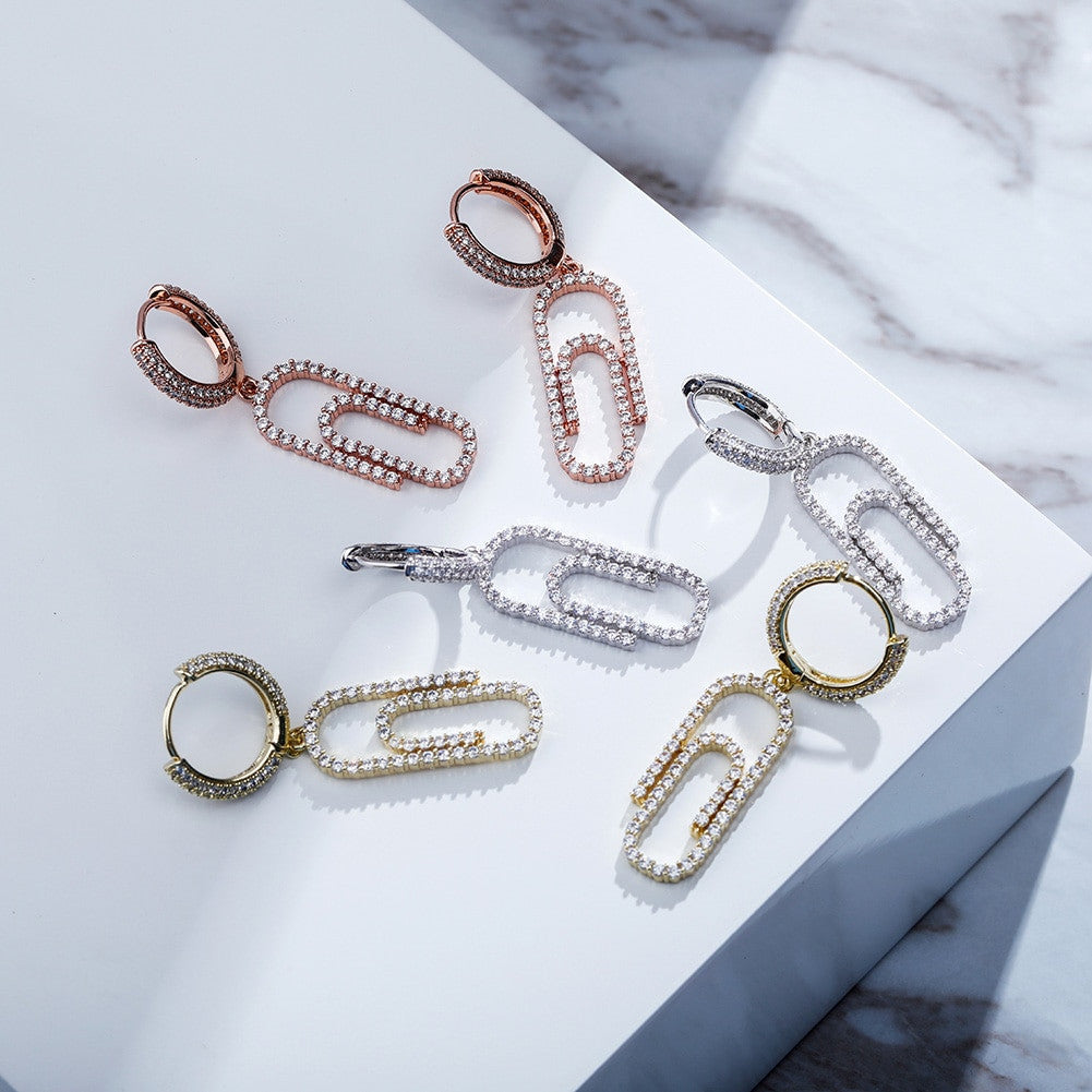 Ladies Flooded Ice Hoop Paperclip hip hop Fashion Bling Earrings