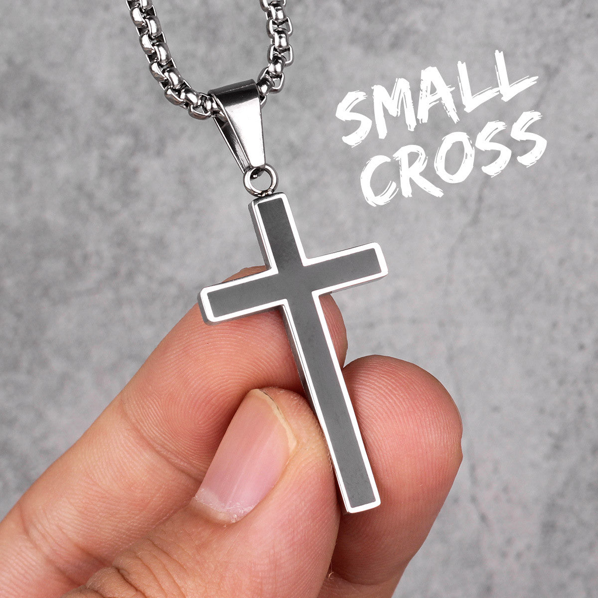 Classic No Fade Silver Stainless Steel Block Cross Pendant Chain Necklace