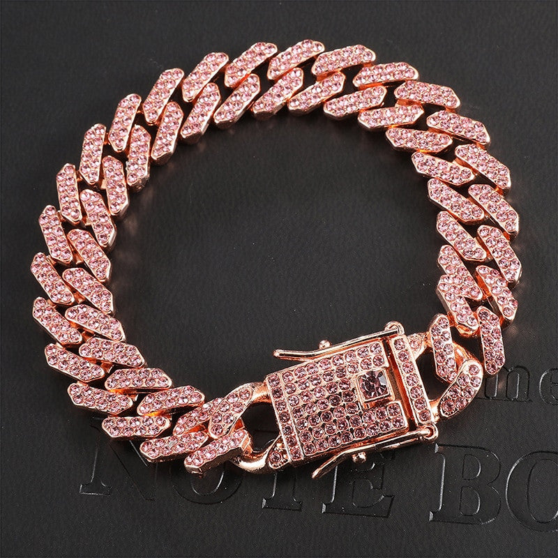 Hip Hop 12MM Paved Pink Rose AAA Flooded Ice Miami Cuban Link Bracelet