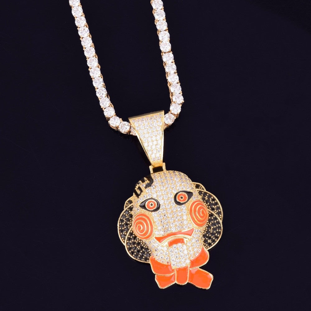 18k Gold .925 Silver Hip Hop Micro Paved Flooded Ice Stone 69 Saw Doll Chain Mask Pendant