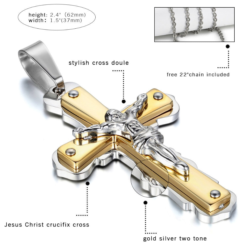 Mens Vintage Jesus Crucifix No Fade Stainless Steel Bling Pendant Chain Necklace