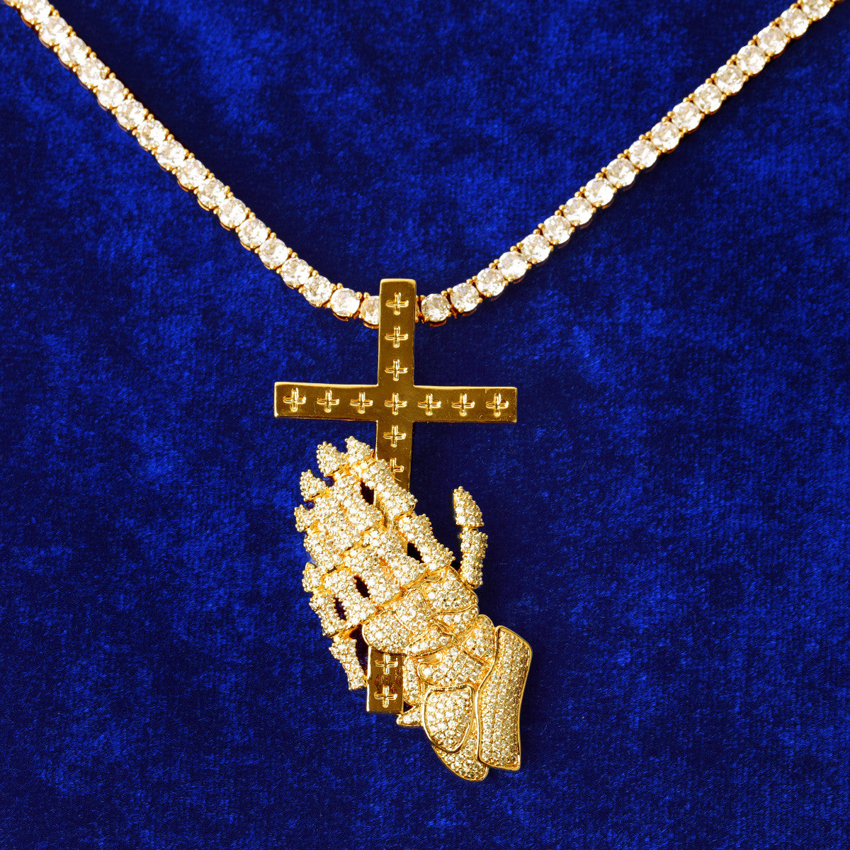 The Faithful | VVS Diamnd CZ Prayer Hands Holding Cross Iced Blinged Out Pendant