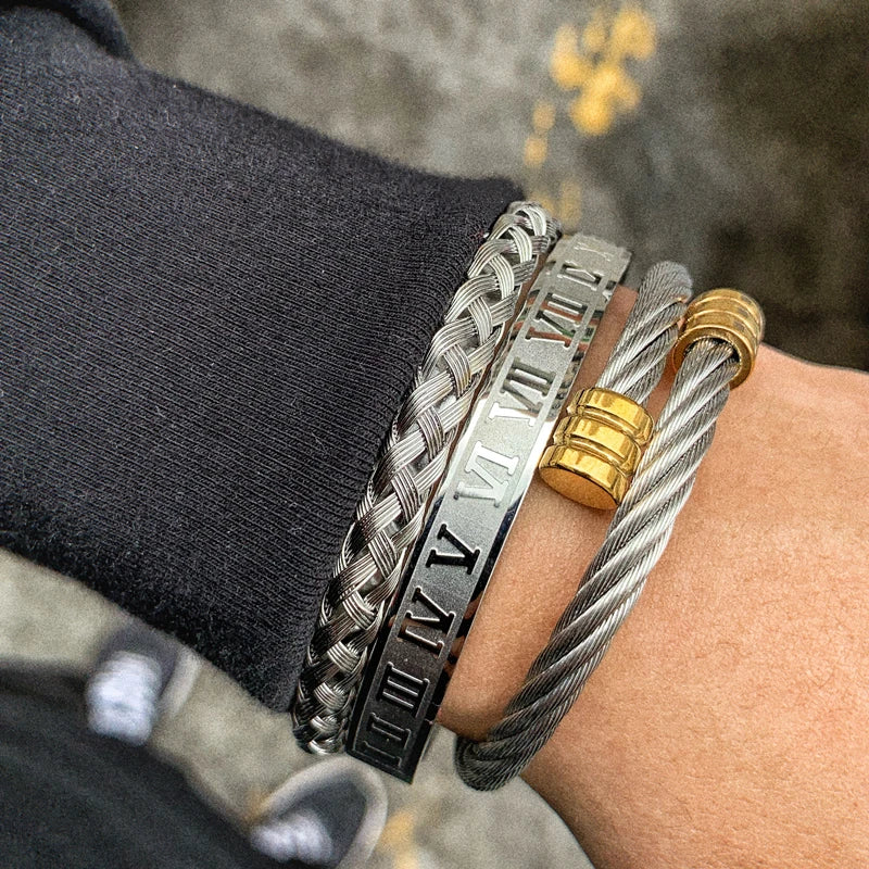 Mens High Fashion 18k Gold Over No Fade Stainless Steel Kings Crown Adjustable 3 Piece Bracelet Set