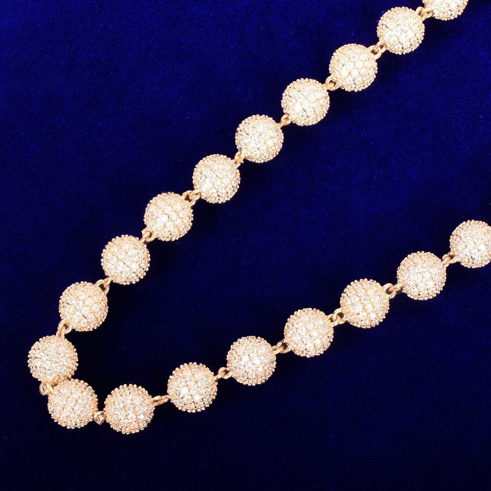 24k Gold .925 Silver 10mm Flooded Ice AAA Micro Pave Ball Round Bead Hip Hop Chain