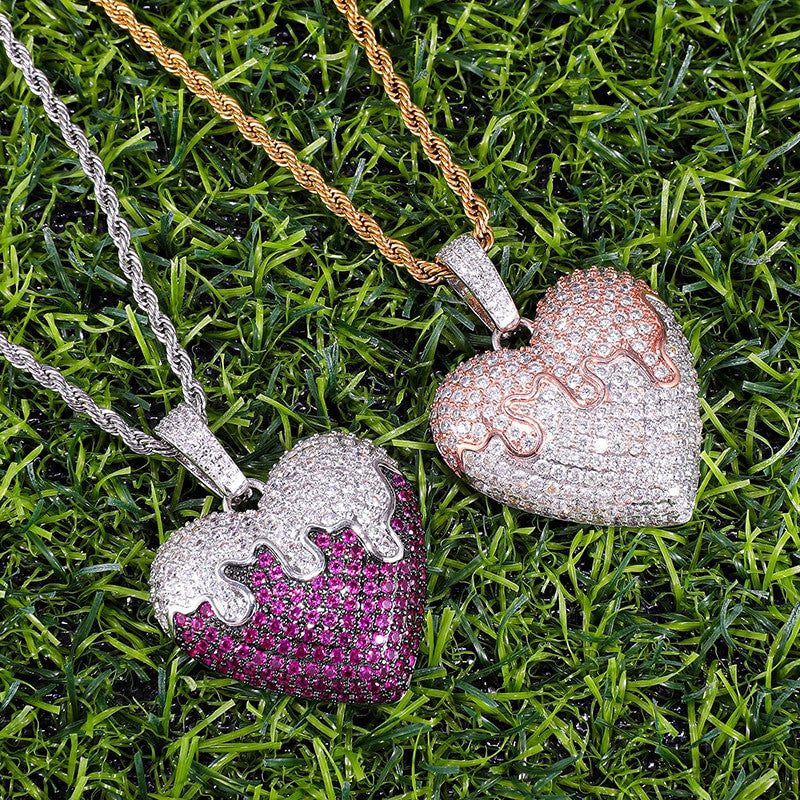 Flooded Ice Covered Heart Solid Back Hip Hop Pendant Chain Necklace