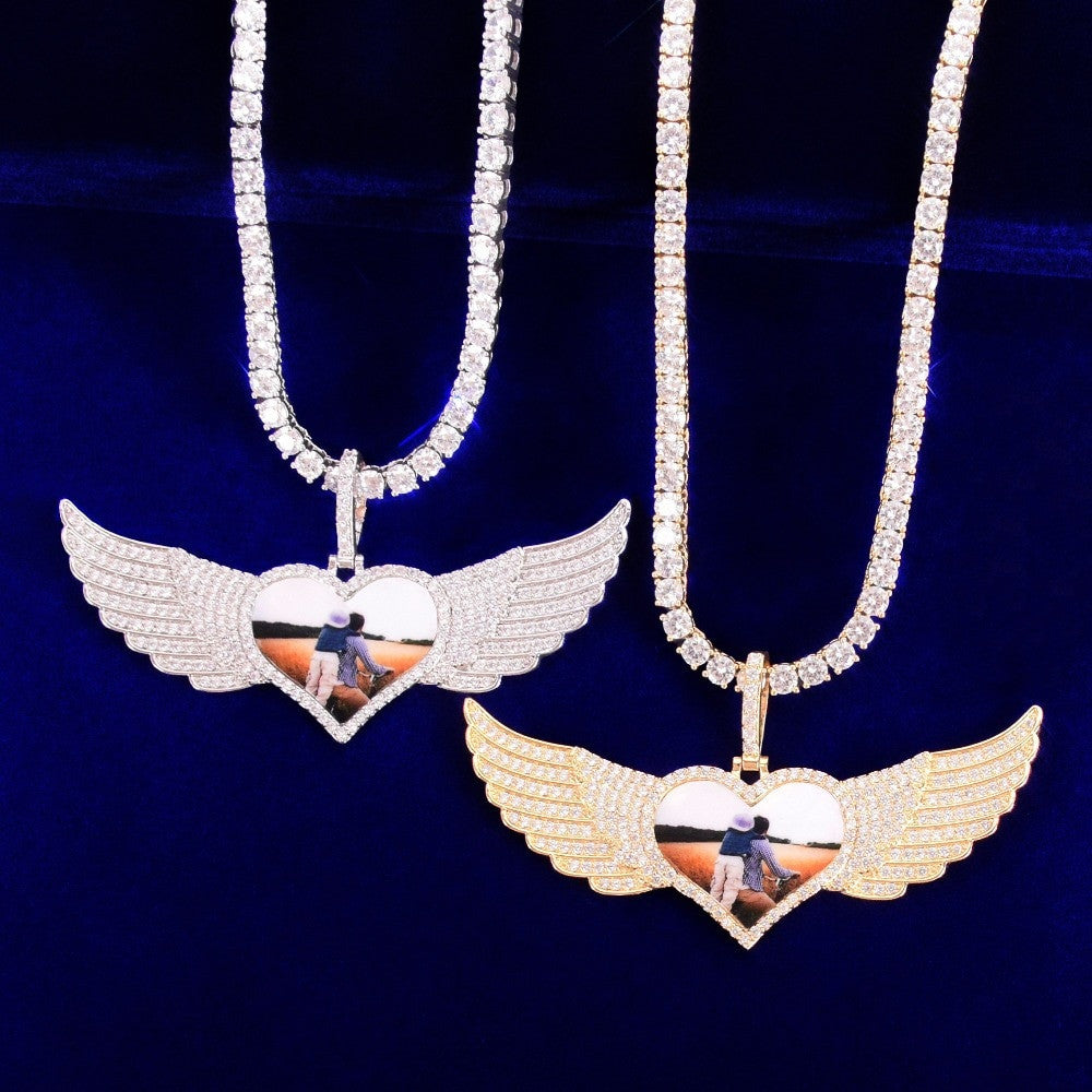 18k Gold 925 Silver Rose Gold Solid Back Wings Big Heart Custom Photo Pendant Chain Necklaces
