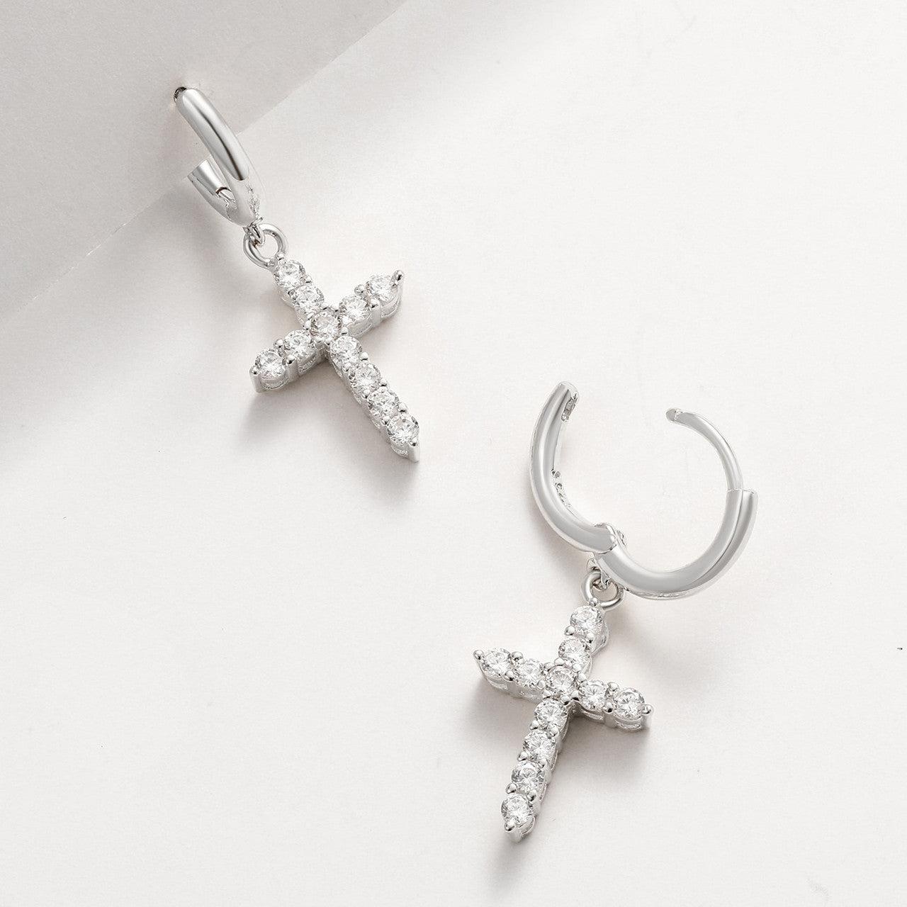 Solid 925 Sterling Silver Huggie Cross Hip Hop Iced Blinged Out Earrings