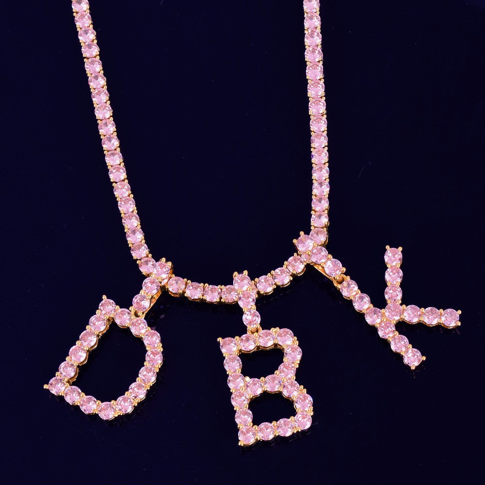Pink Flooded Ice Simulate 18k Gold 925 Silver Tennis Letters Chain Hip Hop Pendant