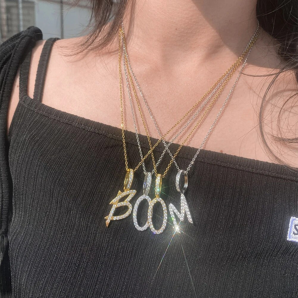 18k Gold 925 Silver Capital Letter Initial Iced Blinged Out Alphabet Pendant Chain Necklaces
