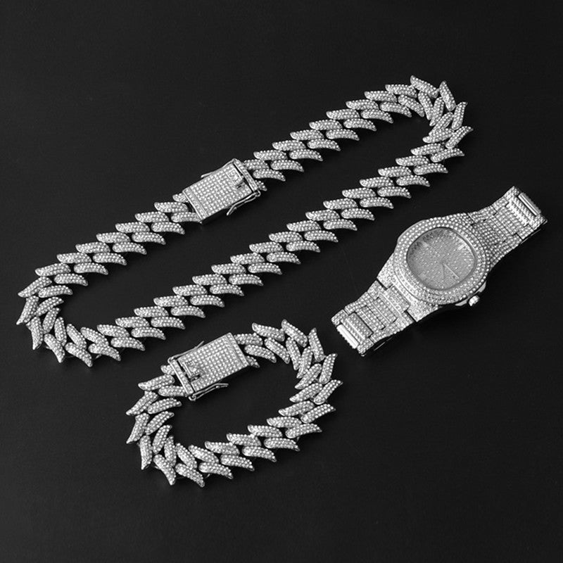 Crown Of Thorns Hip Hop 19MM Flooded Ice 3pcs Watch Necklace Bracelet Combo Set It Off Set