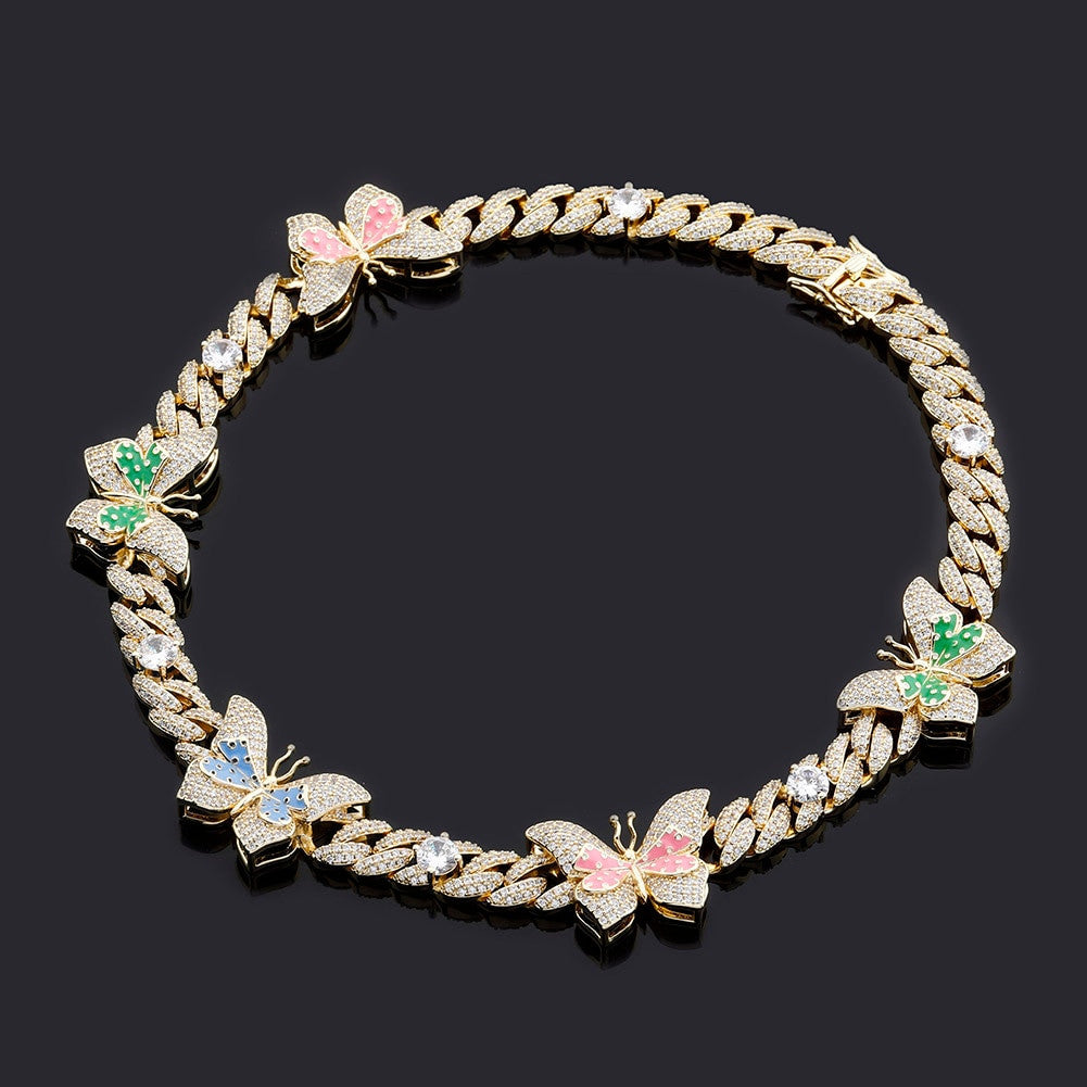 Ladies Double Color Choker Style Butterfly Cuban Link Chain Necklace