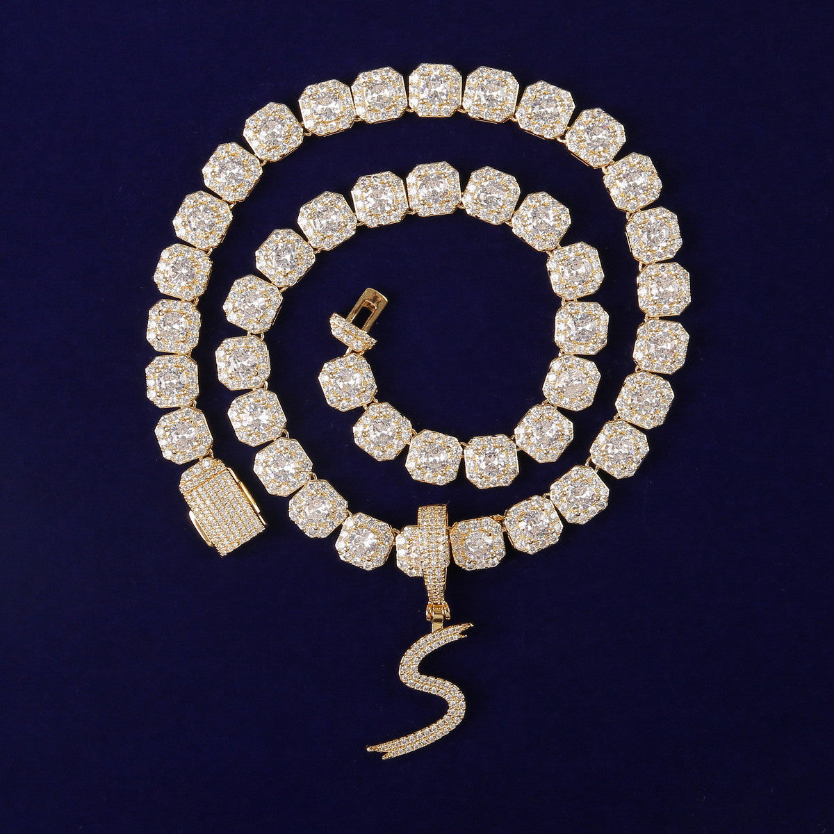 Solo Script | Single Scripted Letter Iced Blinged Out Box Link Chain Pendant