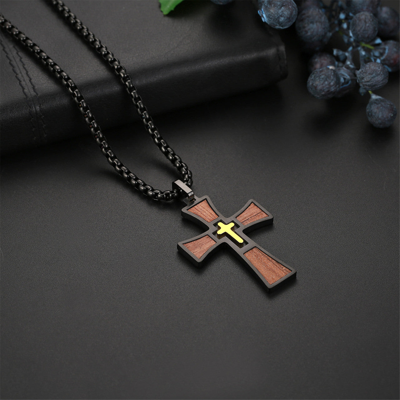 Mens Wooden Stainless Steel Double Cross Crucifix Black silver Gold Pendant Chain Necklace