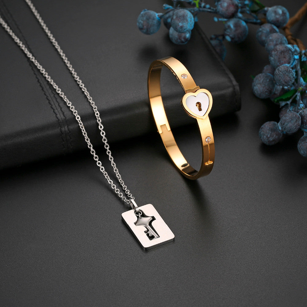 Forever Love Lovers Lock and Key Bracelet Necklace Chain Jewelry Set