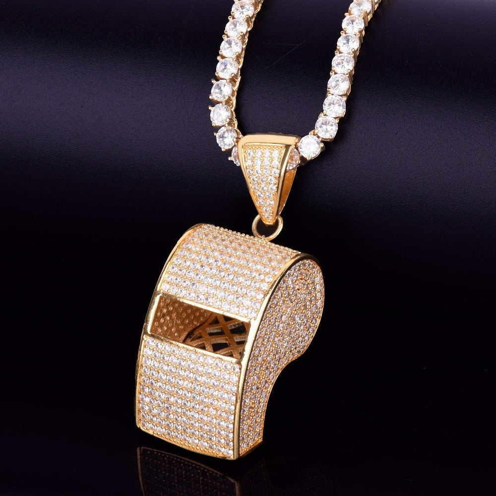 AAA Micro Pave Silver 18k Gold .925 Silver Flooded Ice Hip Hop Whistle Pendant Chain Necklace