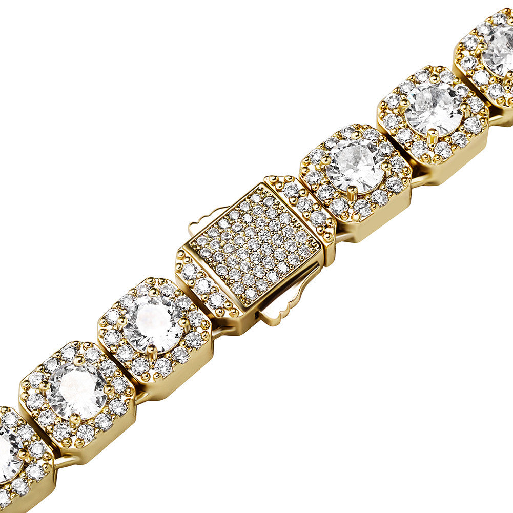 Yellow White Gold VVS Diamond CZ Hip Hop Clustered Stone Spring Clasp Tennis Bracelet