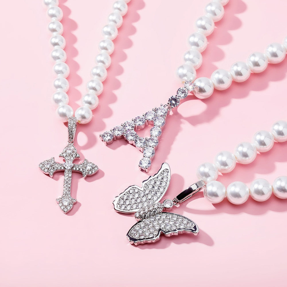 Ladies High Fashion Vintage Look White Pearl Necklace Flooded Ice Butterfly Pendant Charm