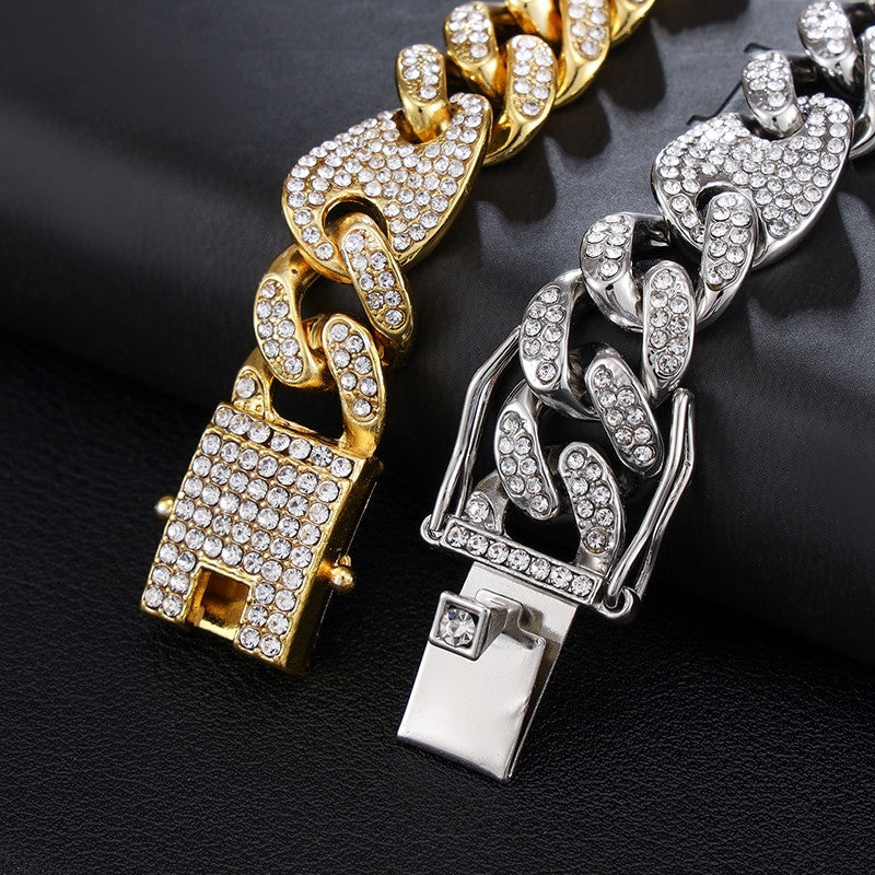 Fully Iced 12mm Flat Cuban Link Chain Necklace Bracelet 18k Gold .925 Silver Jewelry Set