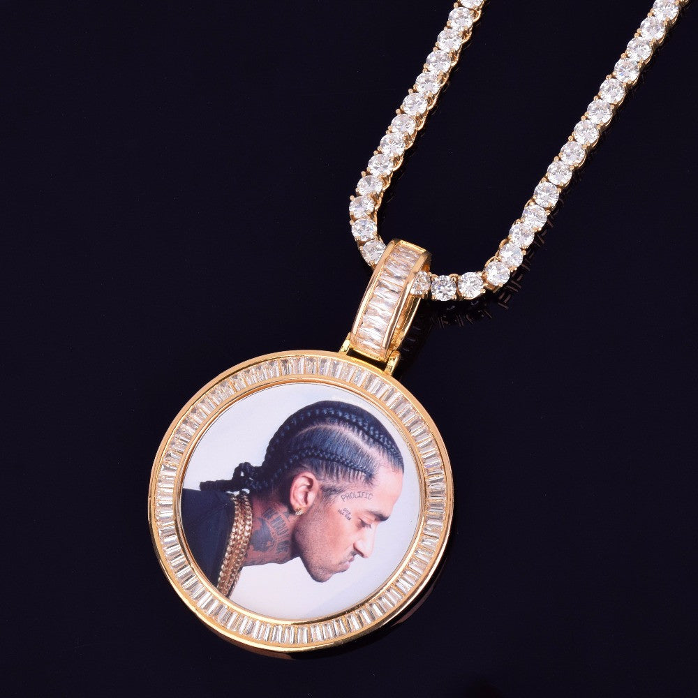 New Baguette AAA Flooded Ice Custom Made Photo Medallion Pendant Chain Necklace
