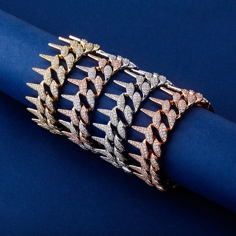 Rose Gold 14k .925 Silver AAA Simulated Lab Diamond Spiked Rivet Cuban Link Hip Hop Bracelet