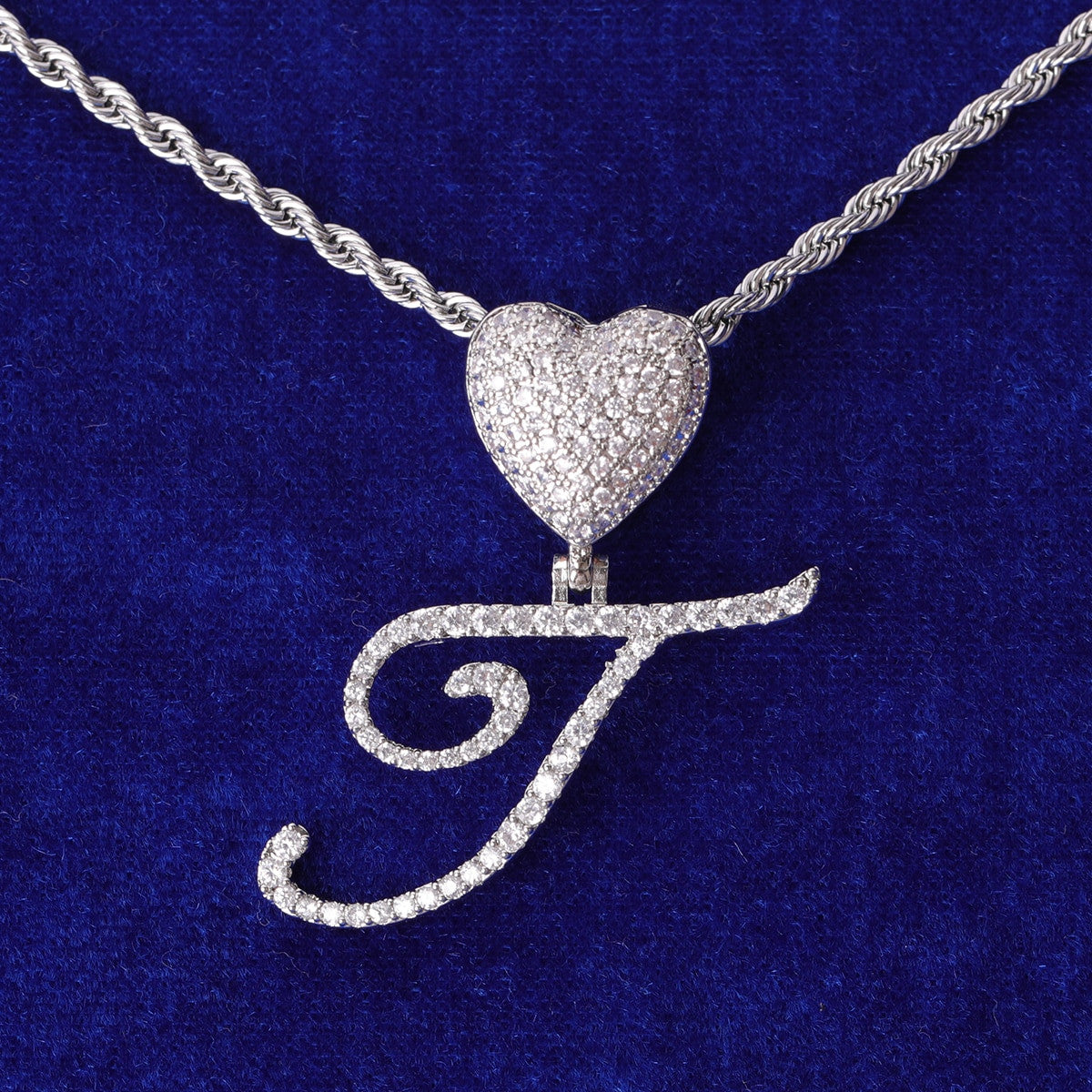 Ladies Bling Fashion Heart Custom Cursive Letter Initial Bling Necklaces