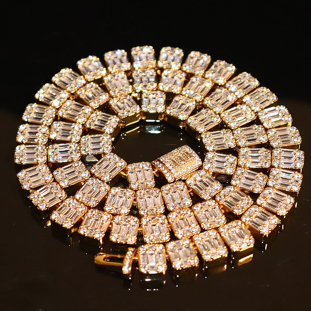 18k Gold .925 Silver Square Baguette Flooded Ice Cluster Chain Necklace