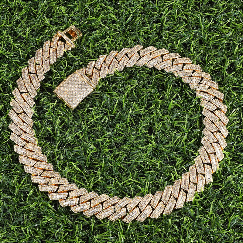 14k White Yellow Gold Hip Hop 21MM 3 Row Baguette Cuban Link Bling Chain Necklace