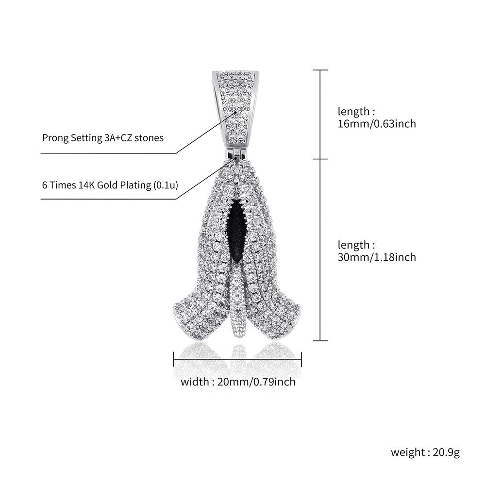 Hip Hop Praying Hand Rugged Cross Prong Set 14k Gold 925 Silver Pendant