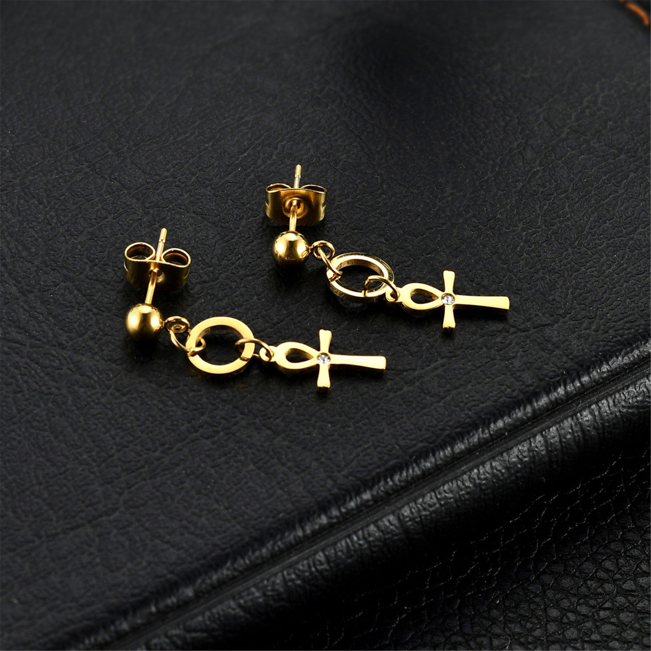 Dangle Ankh Cross Ancient African Black Silver 14k Gold over Stainless Steel Unisex Earrings