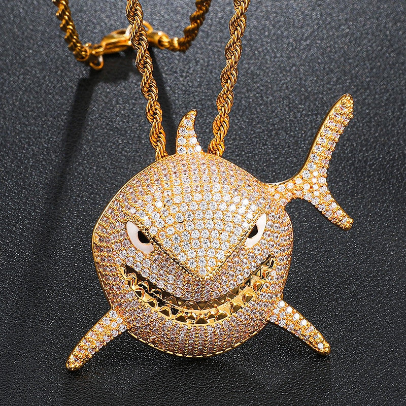 18k Gold .925 Silver 3D AAA Micro Pave Shark Head Pendant Chain Necklace