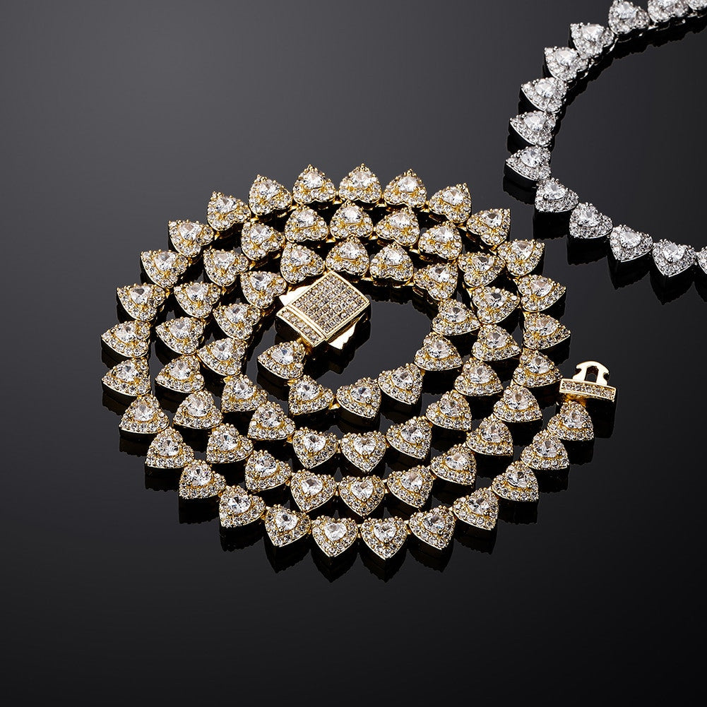 Ladies Bling Center Stone 14k Gold 925 Silver 7mm Heart Link Tennis Chain Necklace