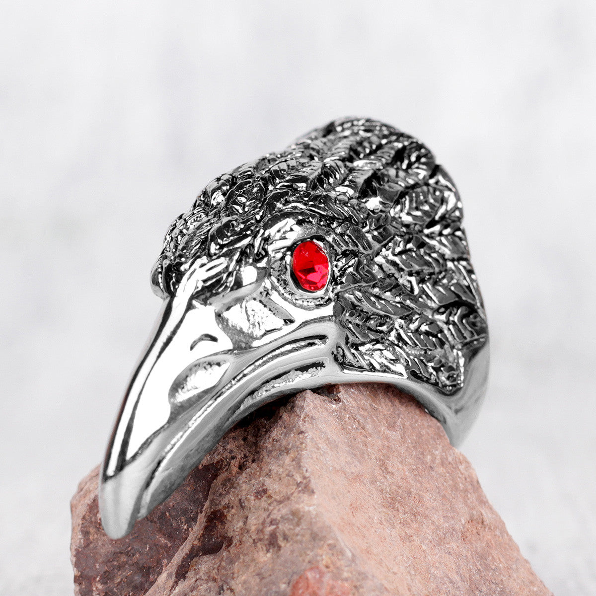 Mens No Fade Stainless Steel Hip Hop Rock Condor Bird Head Gemstone Eye Rings