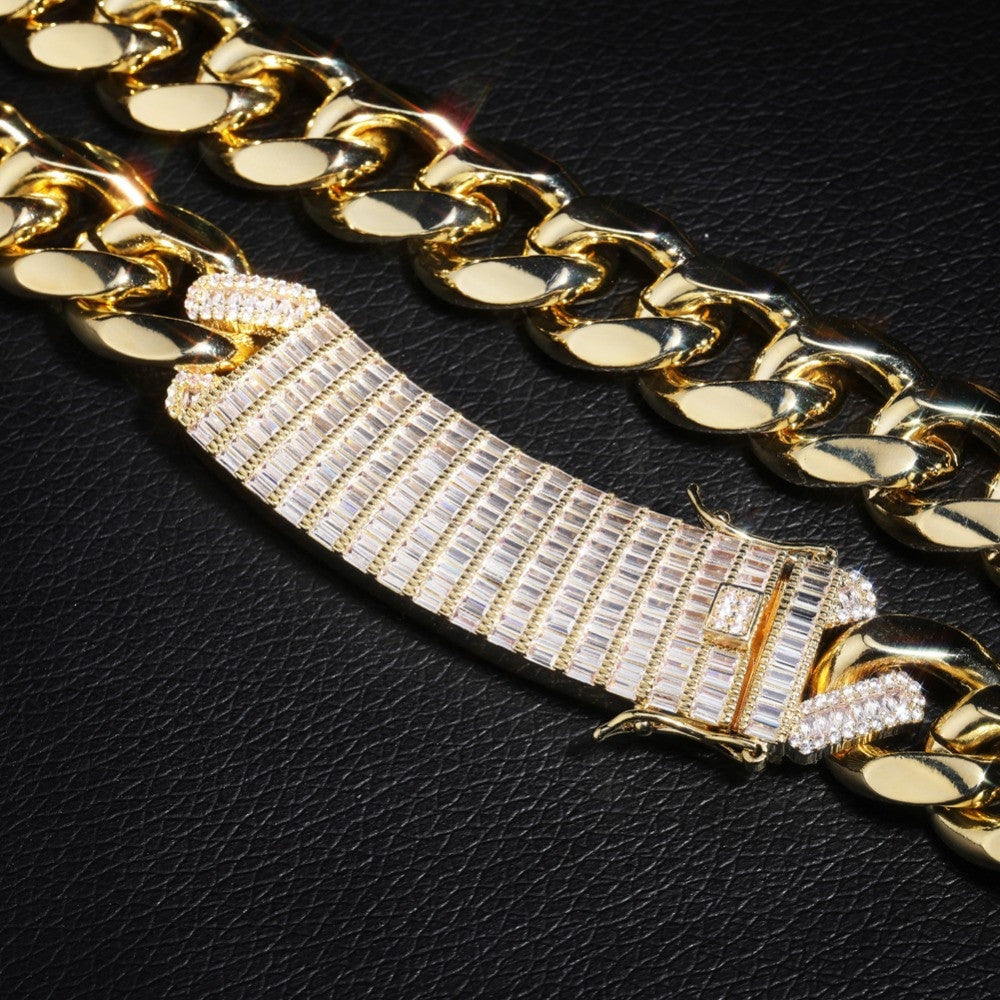 Iced 18mm Long Lock Clasp Blinged Out AAA Baguette Prong Pave Setting Cuban Link Chain Necklace