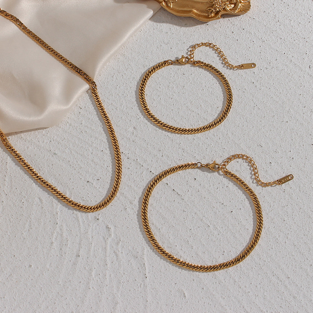 18k Gold Miami Cuban Link 316L Stainless Steel Bracelets Anklet Necklace Tarnish Free Set