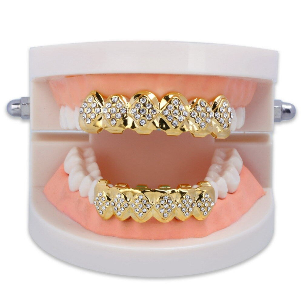14k Gold Flooded Simulated Diamond Ice Hip Hop Teeth Tooth Grillz Top Bottom Set