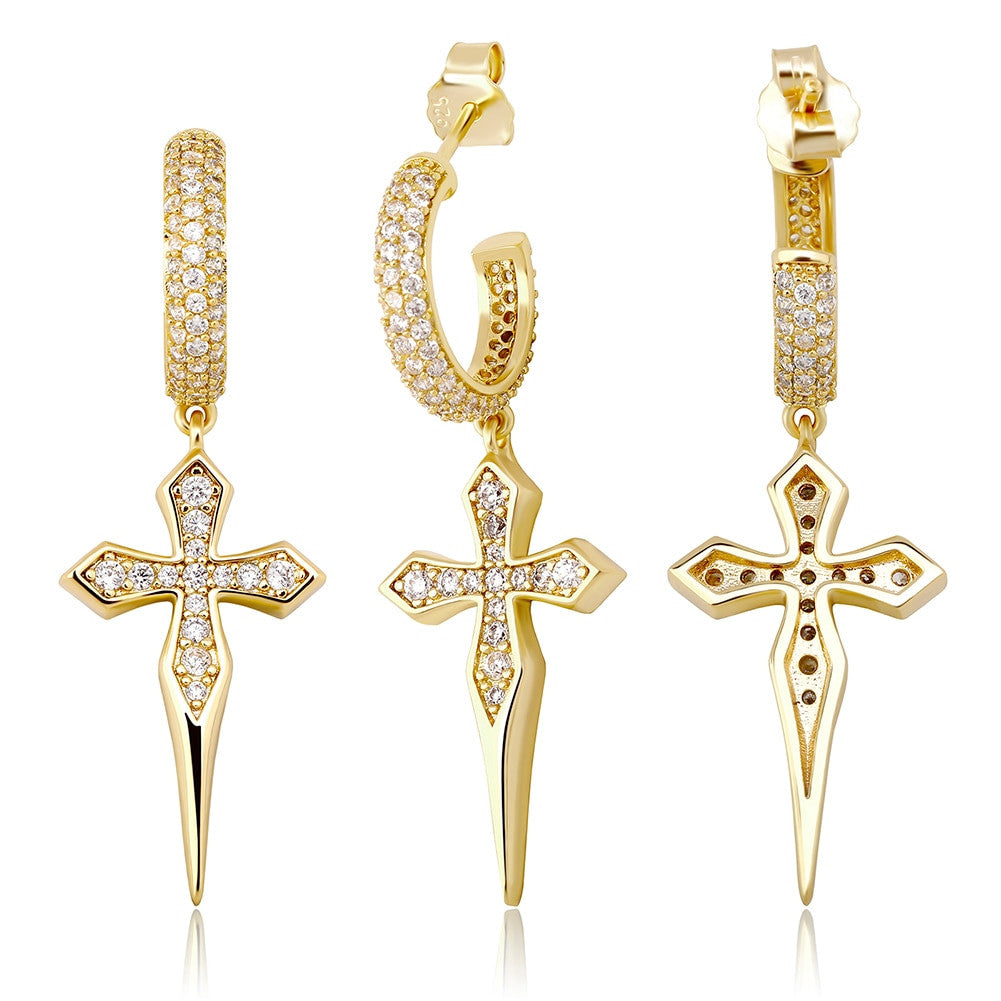 Solid 925 Sterling Silver 14k Gold Dagger Cross Huggie Hoop Hip Hop Style Bling Earrings