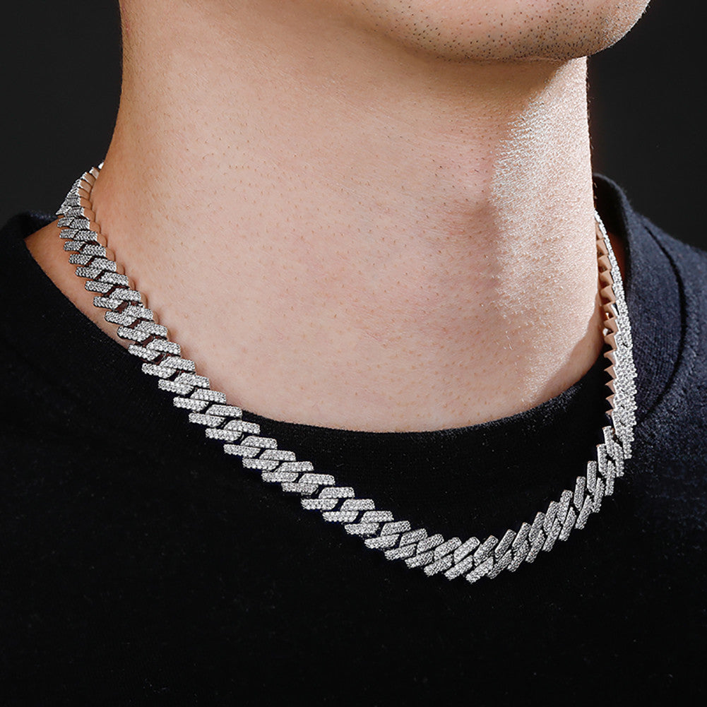 Mens Iced Beautiful Prong Set Blue White Stone Hip Hop Cuban Link Chain Necklace