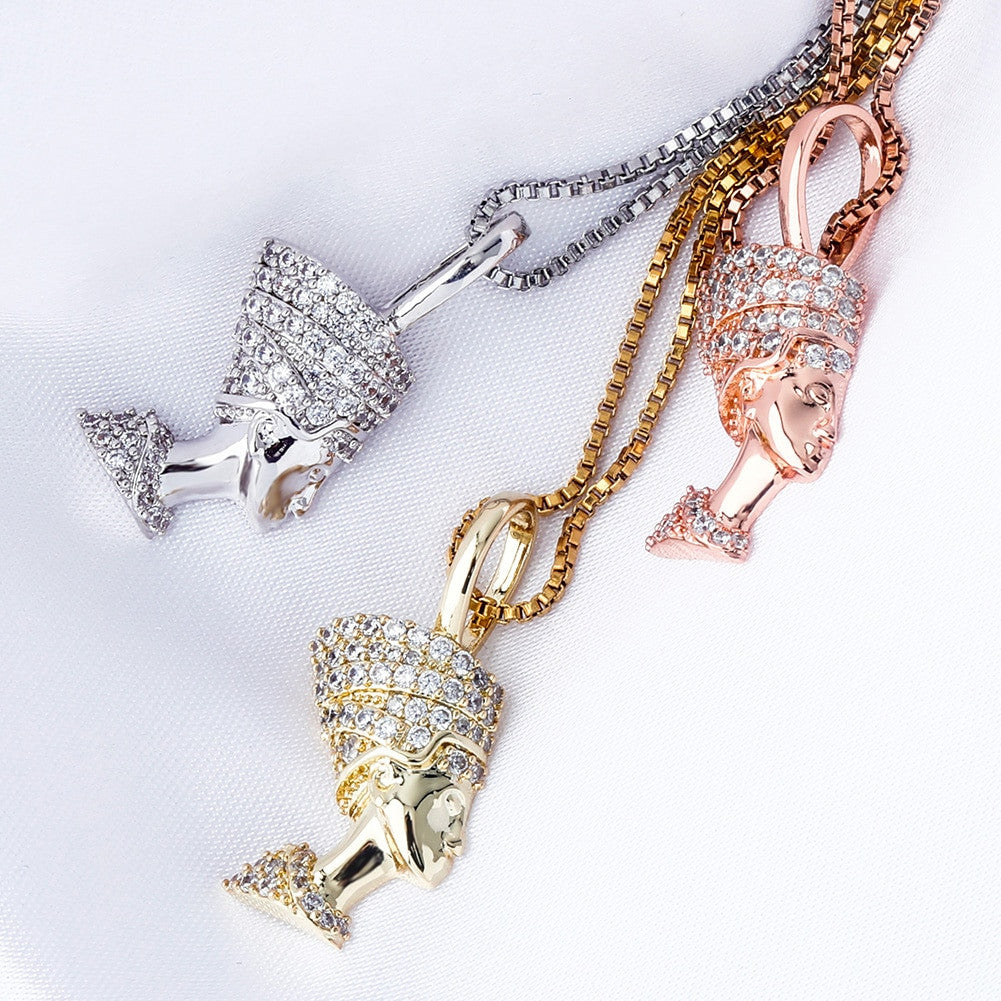 Sterling Silver Ancient African Egyptian Queen Nefertiti Iced Chain Necklace