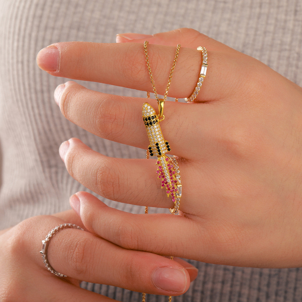 Genuine Diamond Solid 925 Flaming Missile Hip Hop Pendant Chain Necklace