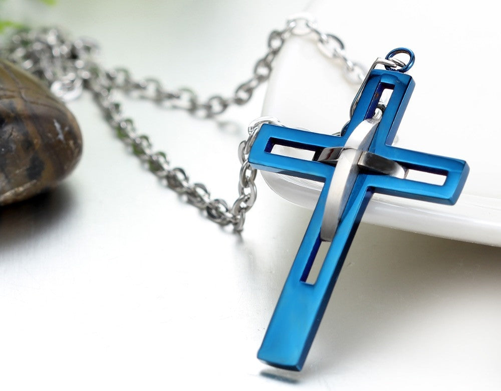 Retro Stainless Steel Gold Black Blue Silver Christian Cross Pendant Chain Necklace
