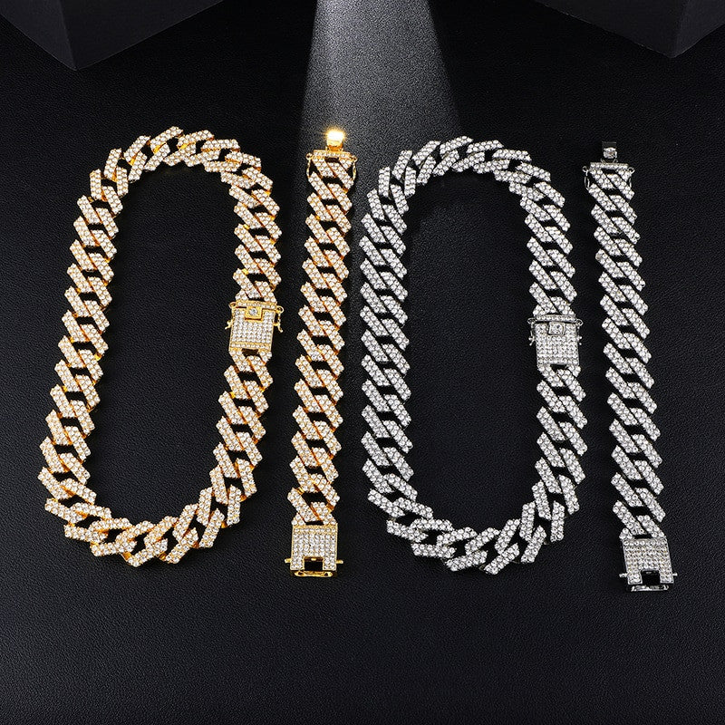 AAA Micro Pave 14k Gold .925 Silver 20mm Cuban Link Chain Necklace Bracelet Jewelry Set