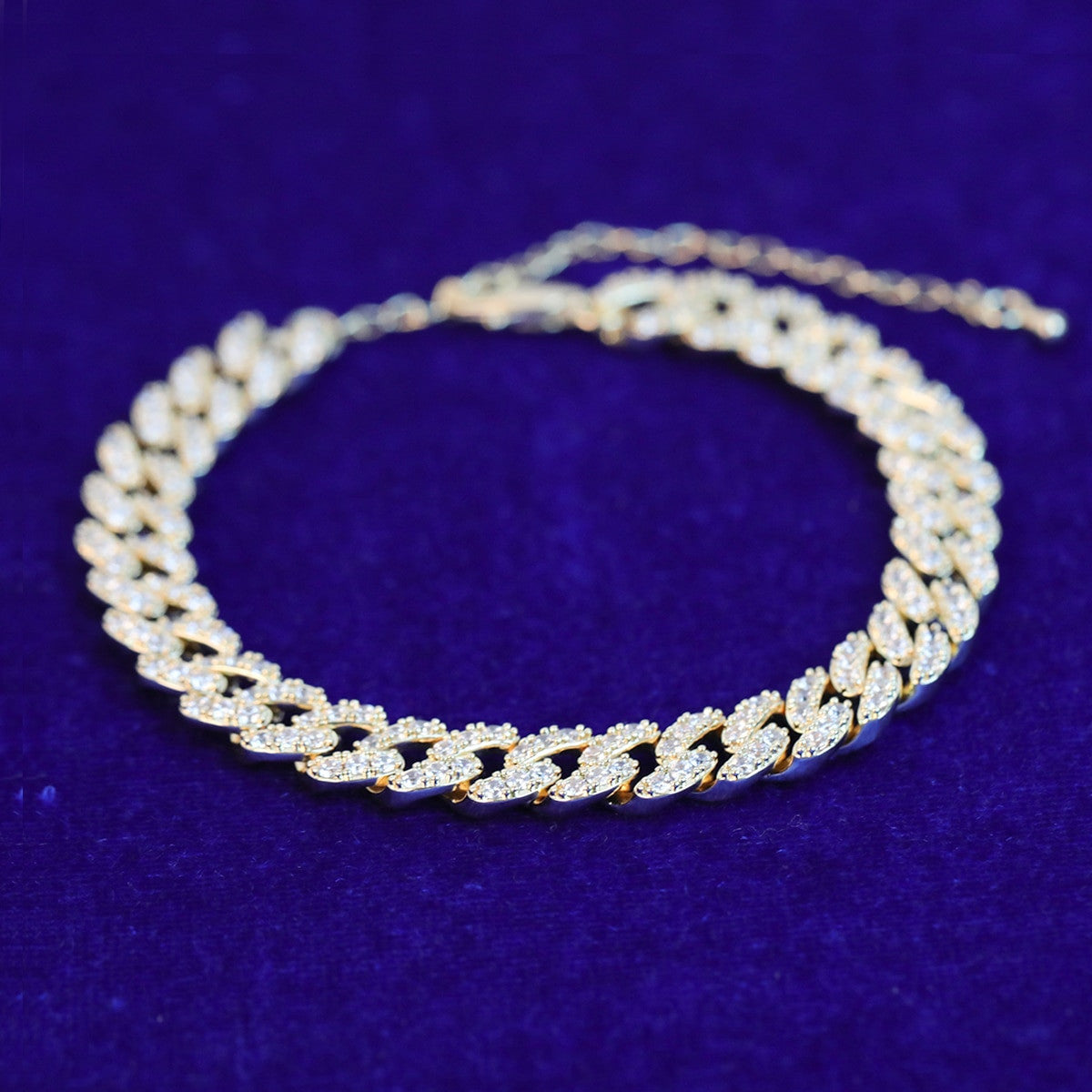 Ladies 24k Gold 925 Silver Cluster Stone Cuban Link Anklet Ankle Bracelet