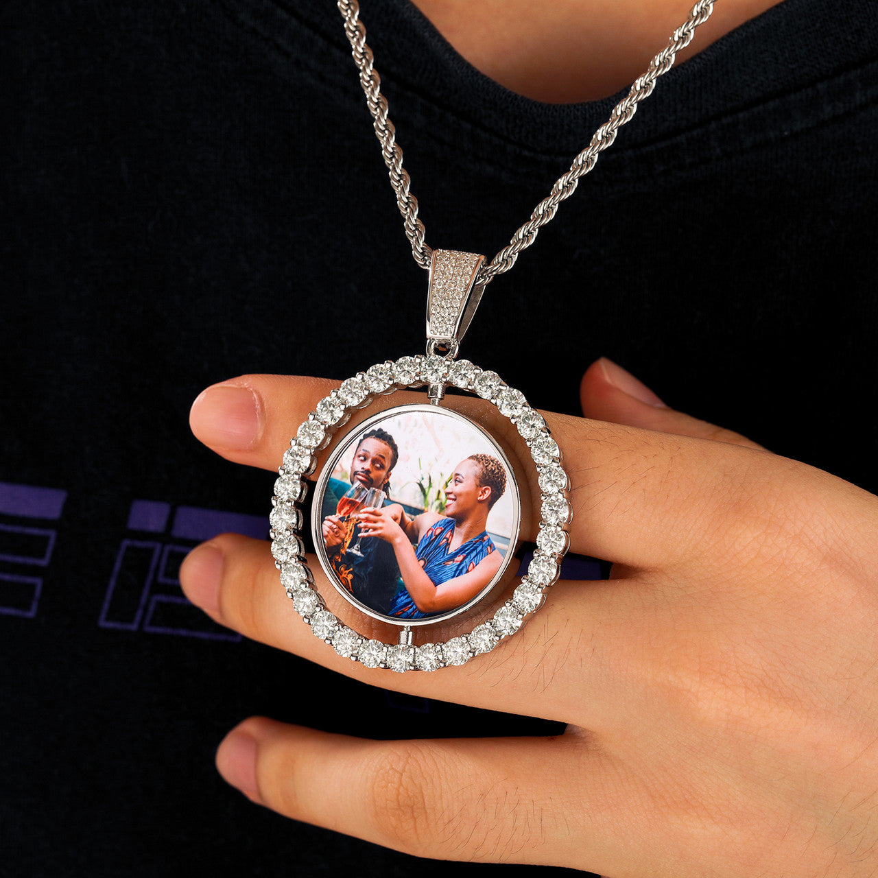 Genuine Diamond Custom Made .925 Sterling Silver Double Sided Hip Hop Photo Necklace