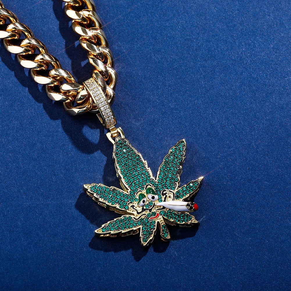 Flooded Ice Green Smoking Leaf Hip Hop Weed Pendant Bling Chain Necklace